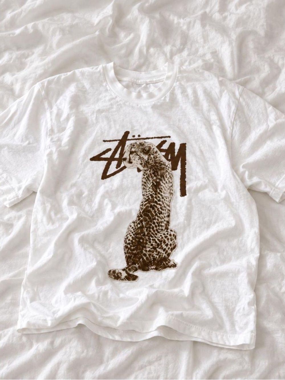 Gildan White Short Sleeve Tee with Brown Leopard Graphic